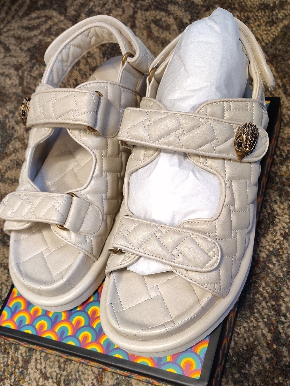 Kurt Geiger Cream Quilted Velcro Sandals with Gold Emblem
